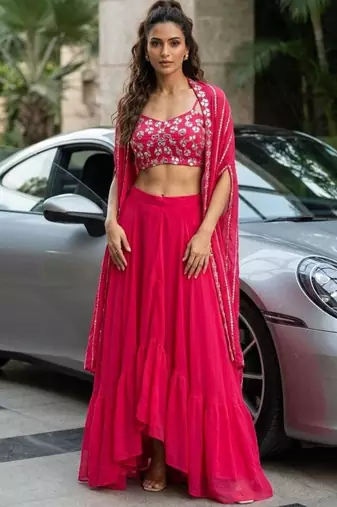 pink georgette embroidered lehenga set
