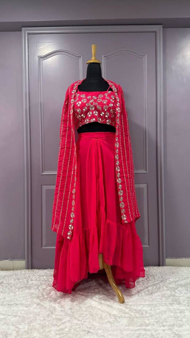 pink georgette embroidered lehenga set