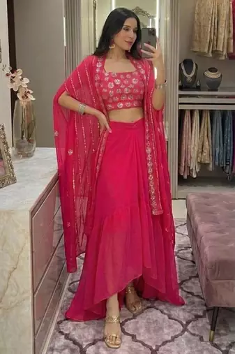 pink georgette embroidered lehenga set