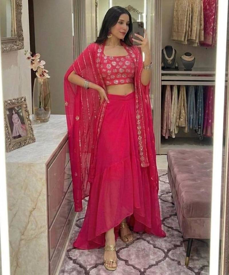 pink georgette embroidered lehenga set