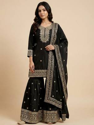 Black designer chinon sequins embroidered work readymade suit 1