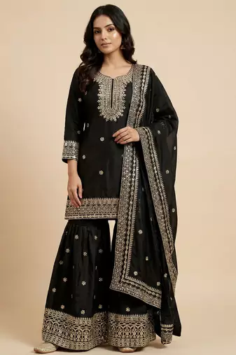 Black designer chinon sequins embroidered work readymade suit