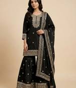 Black designer chinon sequins embroidered work readymade suit