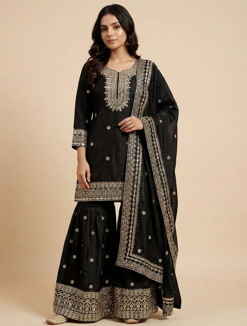 Black designer chinon sequins embroidered work readymade suit