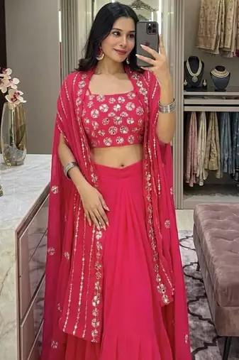 pink georgette embroidered lehenga set