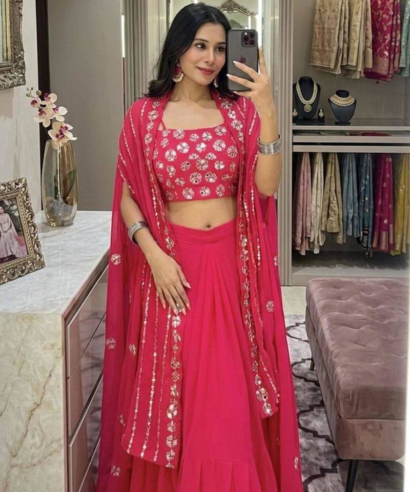 pink georgette embroidered lehenga set