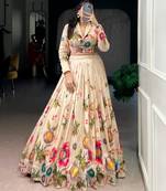 beige silkblend printed lehenga set