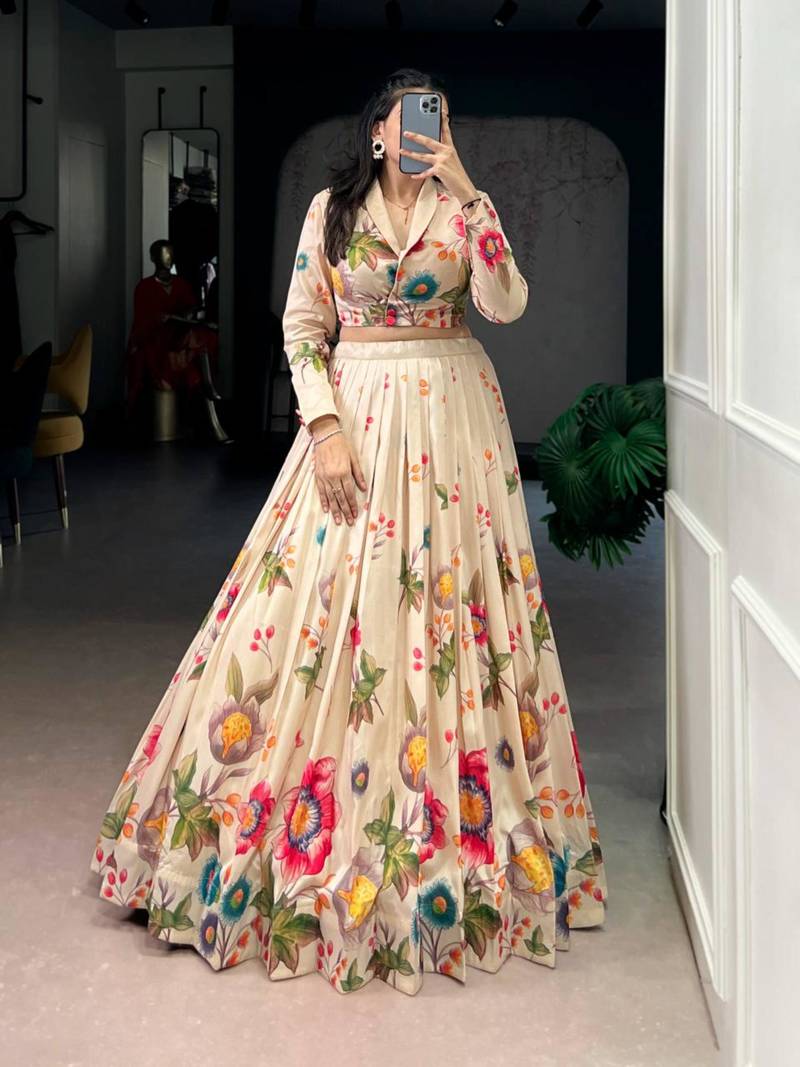 beige silkblend printed lehenga set