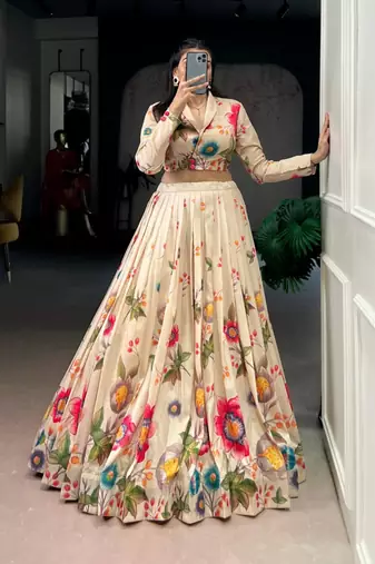 beige silkblend printed lehenga set