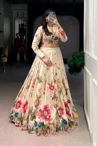 beige silkblend printed lehenga set
