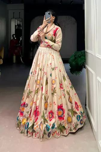 beige silkblend printed lehenga set