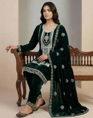 Green designer pure heavy viscous velvet sequins embroidered work readymade suit 3