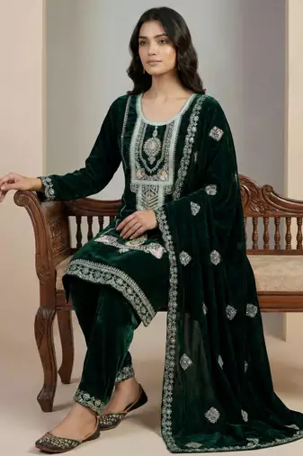 Green designer pure heavy viscous velvet sequins embroidered work readymade suit