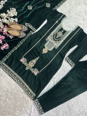 Green designer pure heavy viscous velvet sequins embroidered work readymade suit 4