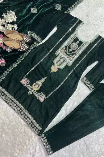 Green designer pure heavy viscous velvet sequins embroidered work readymade suit