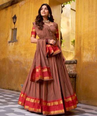brown chanderi embroidered lehenga set 1