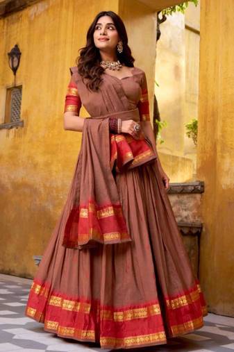 brown chanderi embroidered lehenga set