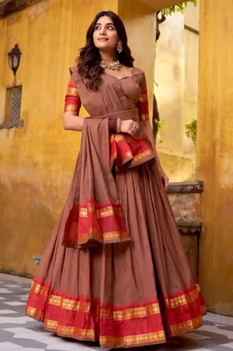 brown chanderi embroidered lehenga set
