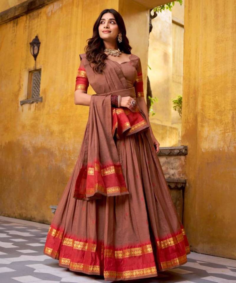 brown chanderi embroidered lehenga set