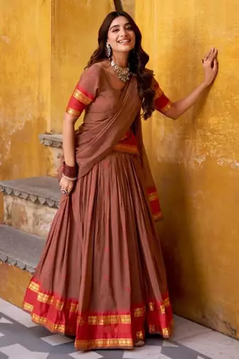brown chanderi embroidered lehenga set