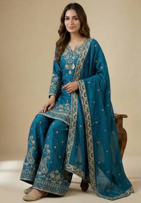 Blue designer chinon sequins embroidered work readymade suit 2