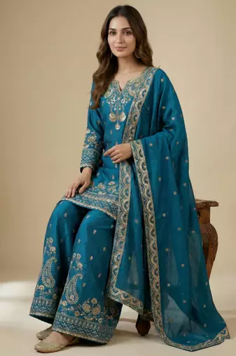 Blue designer chinon sequins embroidered work readymade suit
