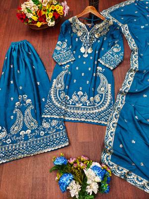 Blue designer chinon sequins embroidered work readymade suit 3