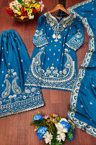Blue designer chinon sequins embroidered work readymade suit
