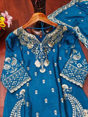 Blue designer chinon sequins embroidered work readymade suit 4