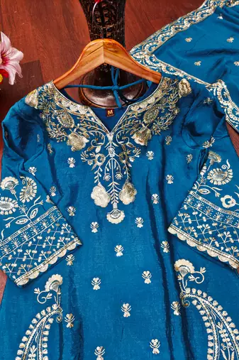 Blue designer chinon sequins embroidered work readymade suit