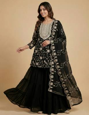 Black designer fox georgette embroidered work readymade suit 2