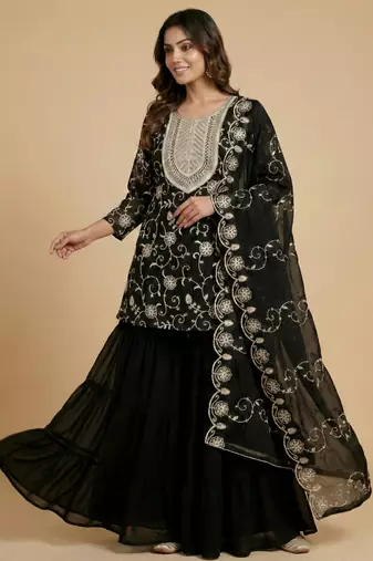 Black designer fox georgette embroidered work readymade suit