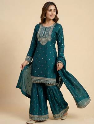 Teal designer chinon sequins embroidered work readymade suit 2