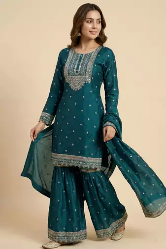 Teal designer chinon sequins embroidered work readymade suit