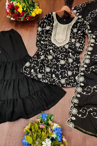 Black designer fox georgette embroidered work readymade suit