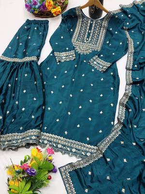 Teal designer chinon sequins embroidered work readymade suit 3