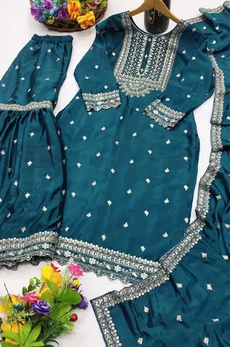 Teal designer chinon sequins embroidered work readymade suit