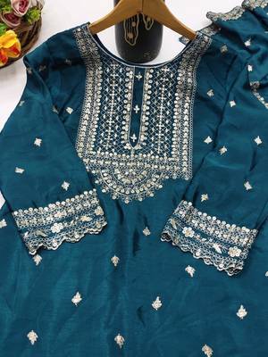 Teal designer chinon sequins embroidered work readymade suit 4