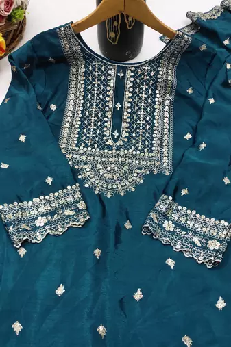 Teal designer chinon sequins embroidered work readymade suit