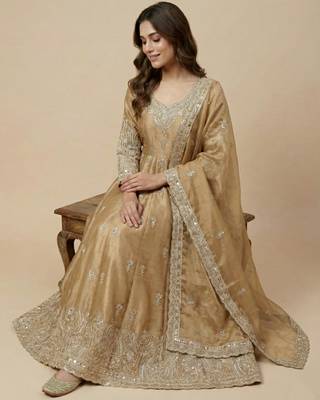 Beige designer pure jimmy choo silk sequins embroidered work readymade suit 3