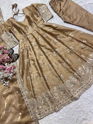 Beige designer pure jimmy choo silk sequins embroidered work readymade suit 4