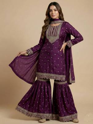 Purple designer chinon sequins embroidered work readymade suit 2