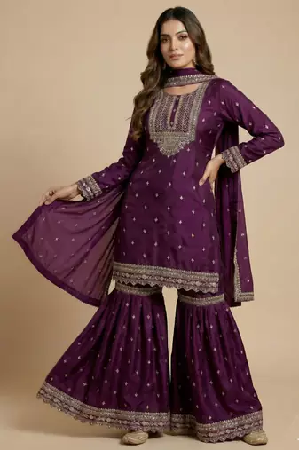 Purple designer chinon sequins embroidered work readymade suit