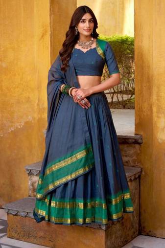 teal blue chanderi embroidered lehenga set