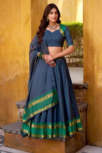 teal blue chanderi embroidered lehenga set