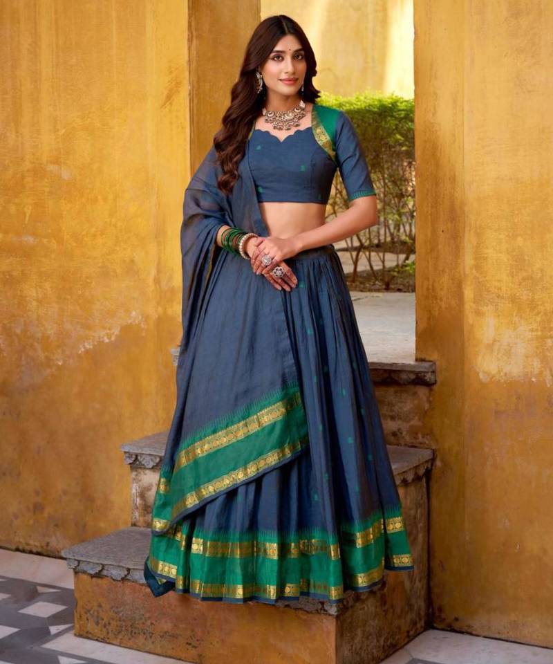 teal blue chanderi embroidered lehenga set