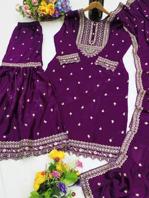 Purple designer chinon sequins embroidered work readymade suit 3