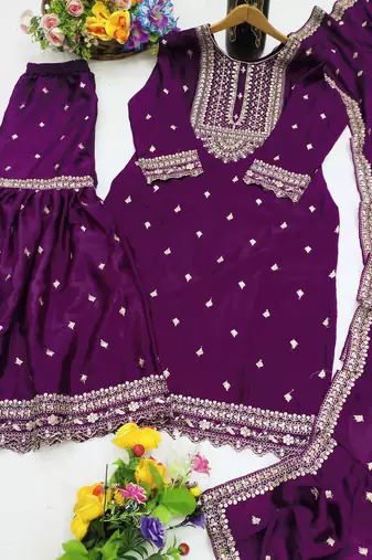 Purple designer chinon sequins embroidered work readymade suit