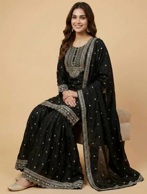 Black designer chinon sequins embroidered work readymade suit 2