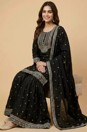 Black designer chinon sequins embroidered work readymade suit